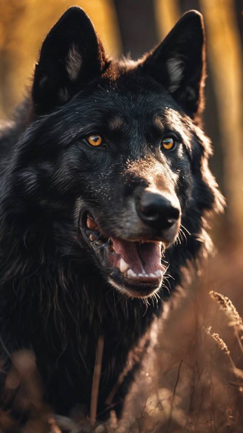 Un lupo nero trionfante in piedi durante la caccia nel sole splendente del mattino.