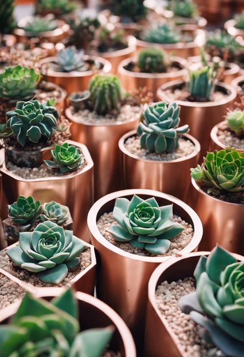 A collection of rose gold geometric planters with vibrant green succulents. Tapeta [e694a8541f4d46189287]
