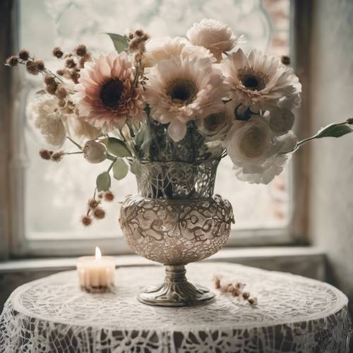 Một kiểu cắm hoa cổ điển được trang trí công phu, với tông màu trầm, nằm trong một chiếc bình pha lê đặt trên tấm khăn lau tay bằng ren.