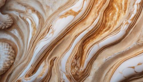 Imagem de alta resolução de padrões de mármore bronzeado fluidos em forma de concha.