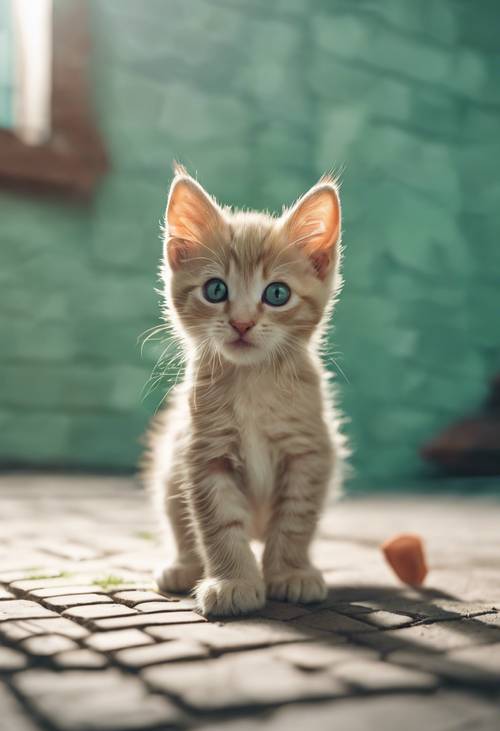 Un gatito pequeño y adorable que toca con avidez un juguete de ladrillo solitario de color verde menta.