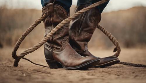 Close-up shot of a pair of well-worn cowboy boots and a lasso Tapeta [ae768bf1210948fab9b5]