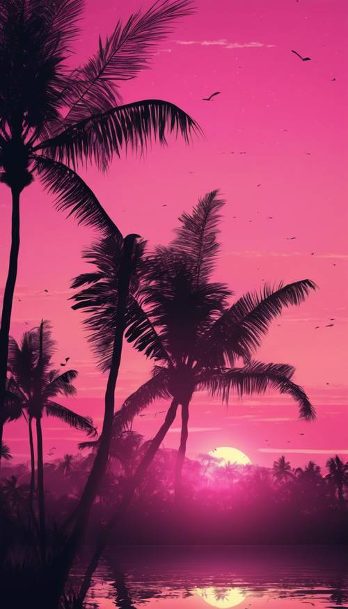 Un tramonto rosa sopra una fitta giungla, una miriade di sagome di fauna esotica in primo piano. Sfondo [0dd295ce939a4b9c8d58]