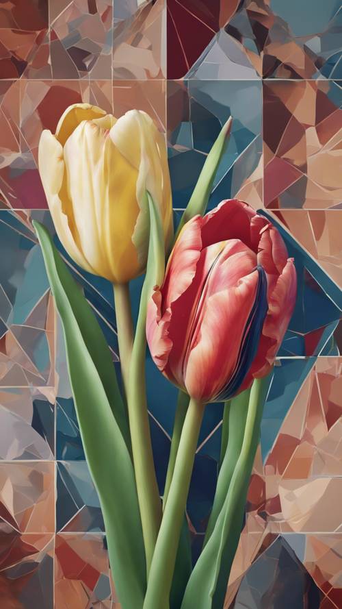 Eine im kubistischen Stil dargestellte Tulpe, wobei die Blüte in geometrische Formen und Gestalten zerlegt ist.