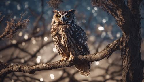 A mystical brown owl perched high upon a gnarled tree branch under the moonlight.