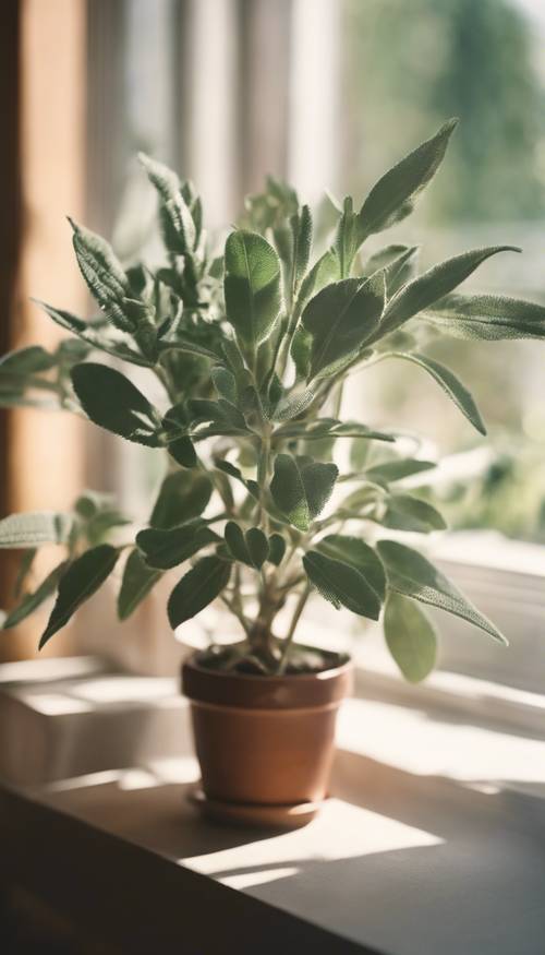 Eine Zimmerpflanze im Topf mit breiten, salbeigrünen Blättern, die das Morgensonnenlicht filtern. Hintergrund [5d0ae795faed433eb27b]