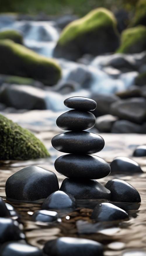 A stack of smooth, black stones arranged by a babbling brook. Tapet [5fb97d195e0b4d638151]