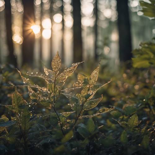 고요한 숲에 첫 새벽의 빛이 비추고 이슬이 맺힌 나뭇잎과 꽃이 드러납니다.