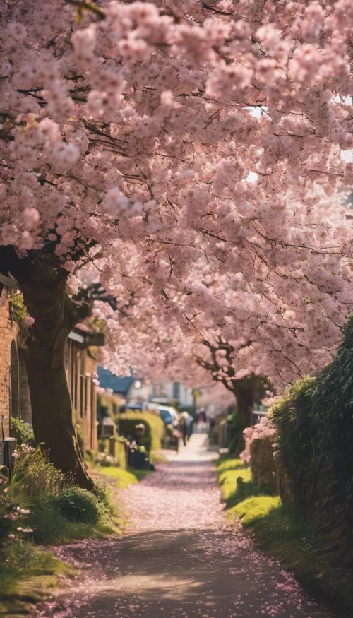 一個古色古香的英國村莊，周圍覆蓋著粉紅色的櫻花。