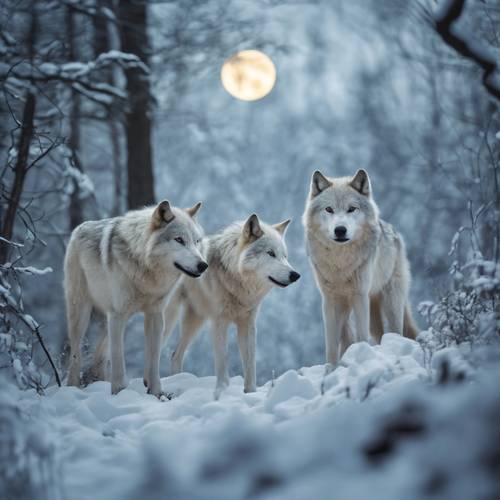 Белые волки охотятся в заснеженном лесу под полной луной.