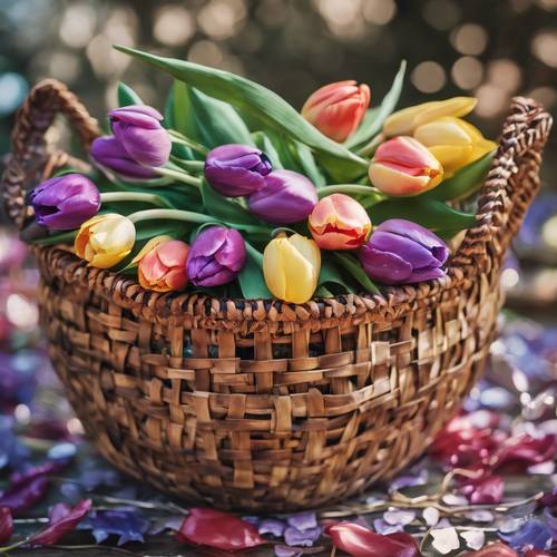Плетеная корзина, наполненная блестящими тюльпанами разных цветов.