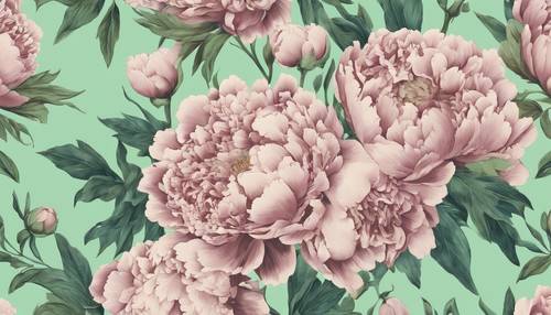 A traditional floral damask print with exaggerated peonies in bloom against a light green base.