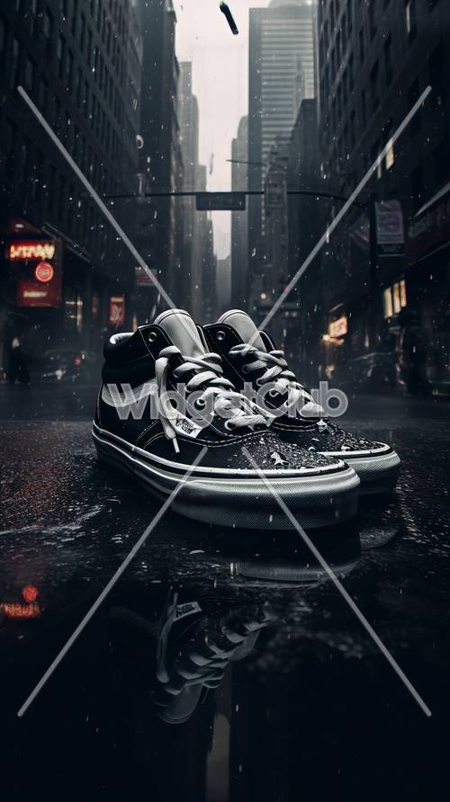 Verregnete Stadtstraße mit stylischen Sneakers