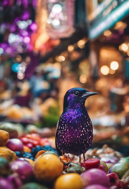 An exotic starling with shiny purple plumage, wide-eyed and curious, amidst a vibrant market scene Tapetai [3d44f09002774f4db2f8]