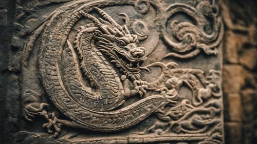 An ancient dragon etched on weathered stone tablets discovered in archaeological ruins.