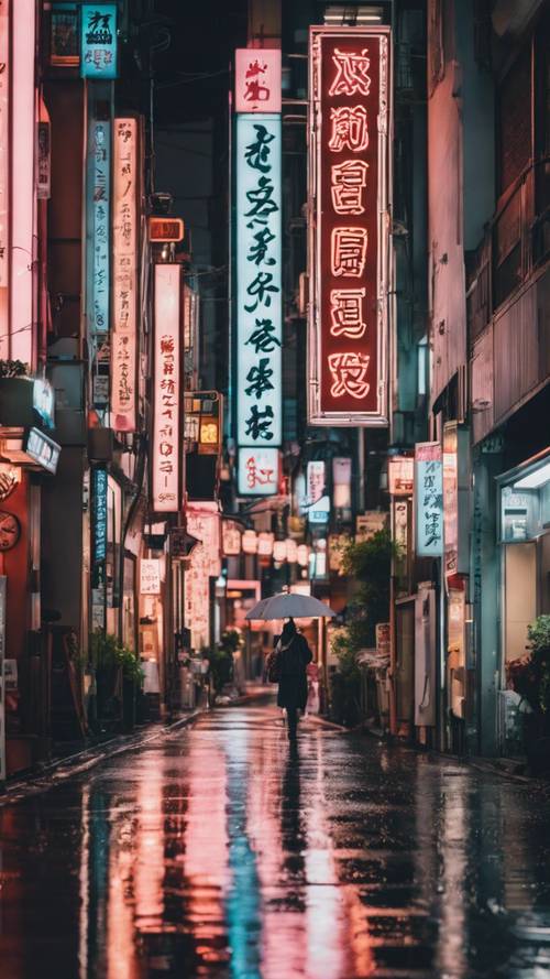 Модная улица в центре Токио в сумерках, освещенная неоновыми вывесками шикарных бутиков и популярных кафе, отражающимися от мокрого тротуара.