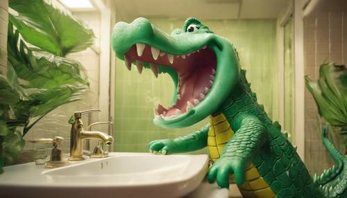 정글 테마의 욕실 거울 앞에서 활짝 웃으며 큰 이를 닦고 있는 밝은 녹색 악어의 재미있는 캐리커처입니다.