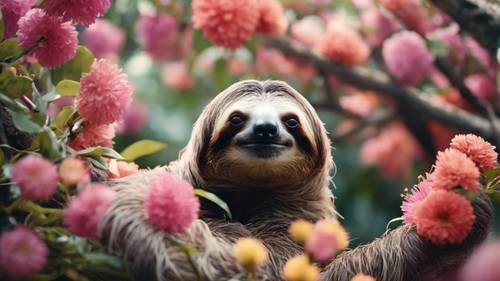 Un perezoso cómodamente acurrucado entre las flores de colores brillantes de un árbol.