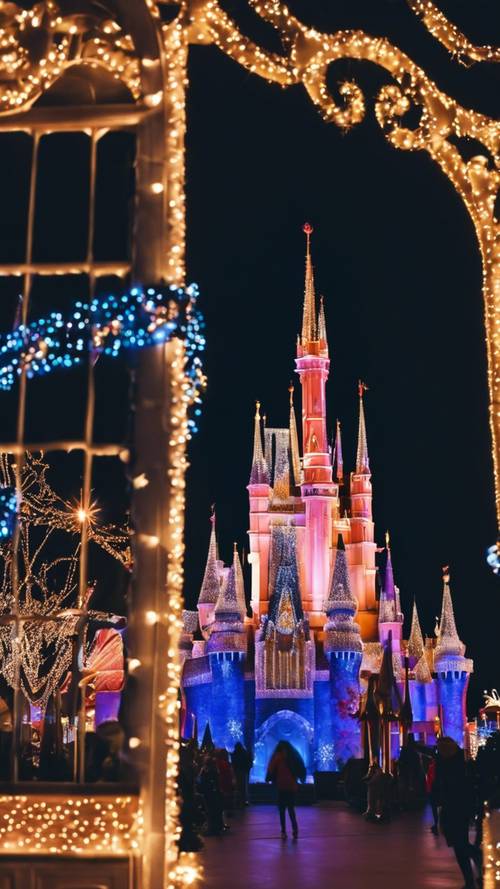 A magical winter evening at Disney World, with the park beautifully decorated for Christmas and festive lights everywhere.