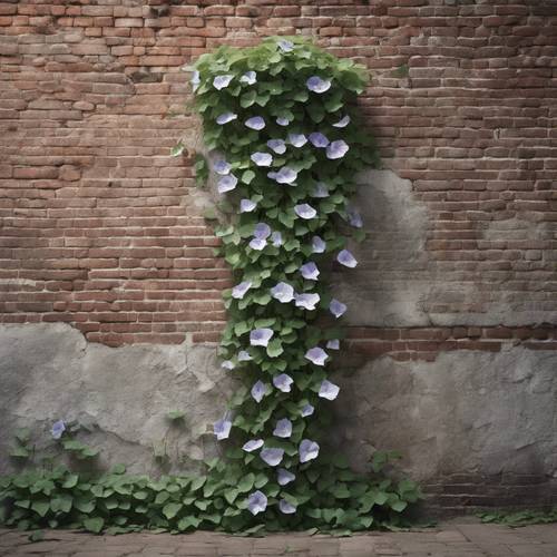 A twisty vine of gray morning glories climbing elegantly up a rustic, abandoned brick wall.