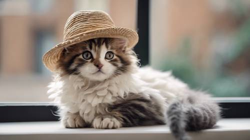 A kitten of the exotic breed LaPerm with its unique tightly curled fur, curled up inside a straw hat placed on a window sill.