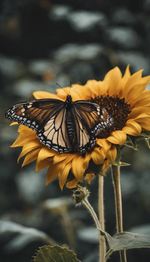 Um girassol escuro com uma delicada borboleta pousada em uma de suas pétalas.