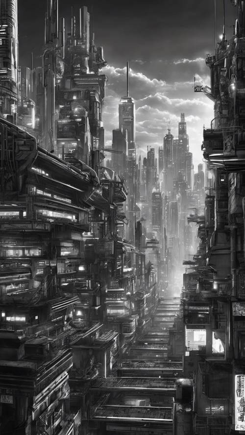 Um sinistro panorama de cidade cyberpunk em preto e branco sob as luzes de néon.