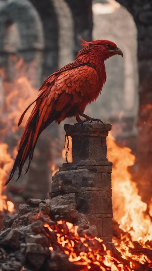 A fiery red phoenix bird perched amidst the smouldering embers of an ancient castle ruin.