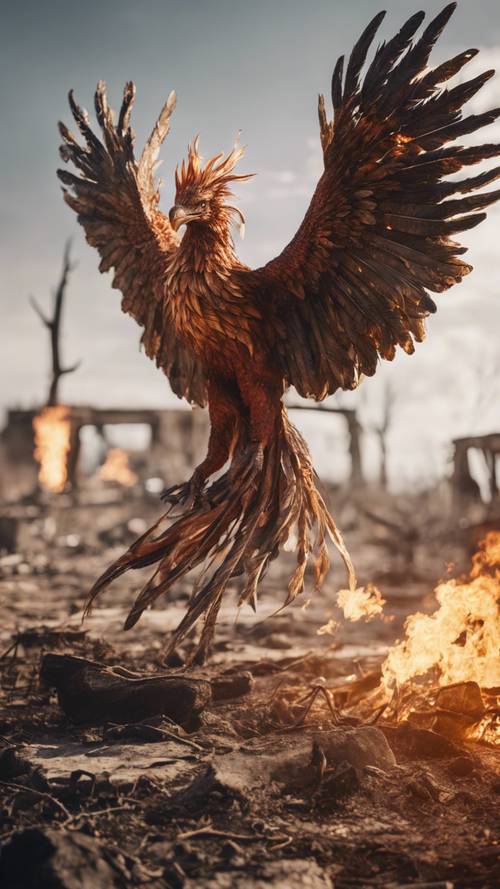 The rebirth of a phoenix in the midst of crackling flames amidst a ruined battlefield.