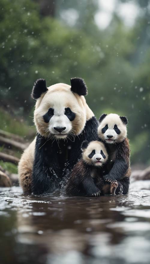 A mother panda with her twin cubs playing in a calm stream of water.