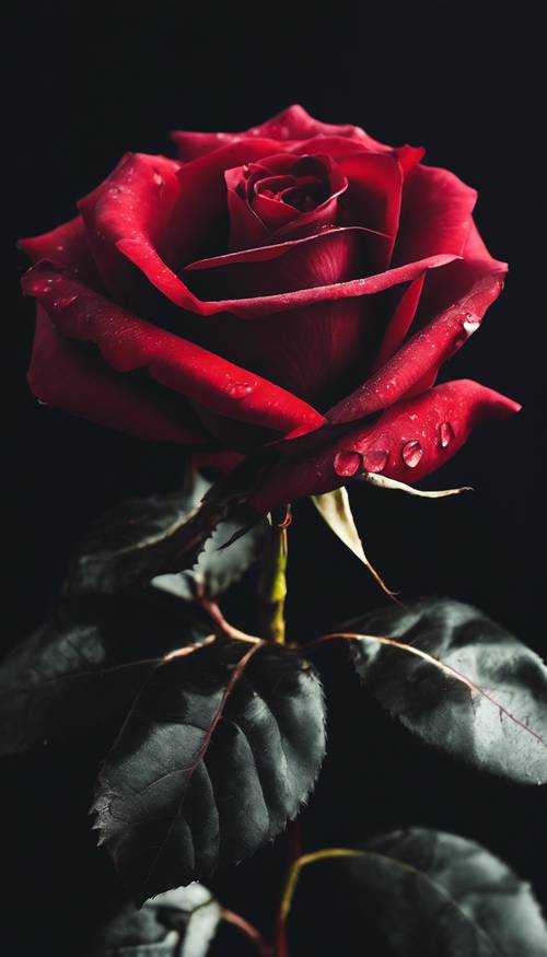 Una rigogliosa rosa rossa con petali scuri simili a velluto su uno sfondo nero
