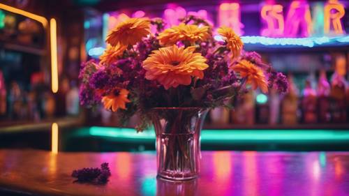 Vibrantes arreglos florales de colores retro bajo las luces de neón en un bar lúgubre.