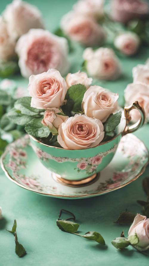 A vintage teacup filled with pastel roses against a mint green background.