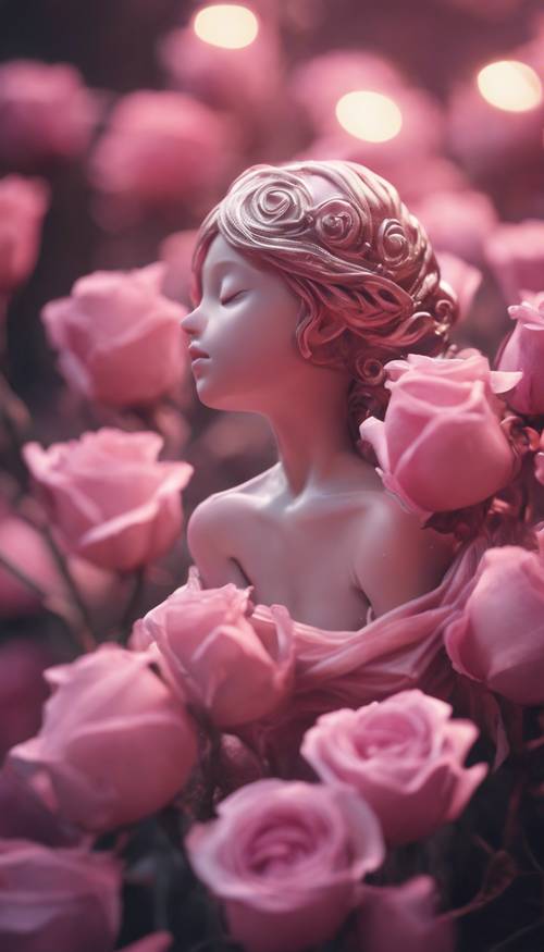 Eine träumende rosa Fee, gemütlich eingehüllt in eine Rosenknospe, wird vom Flüstern einer Nachtbrise in den Schlaf gewiegt.