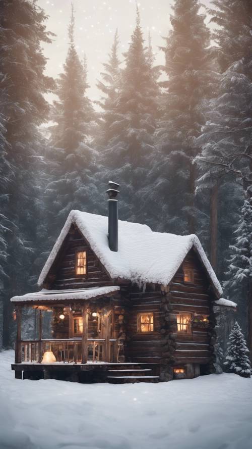 A rustic wooden cabin with a smoking chimney, nestled in a snowy forest with soft Christmas lights twinkling in the windows.