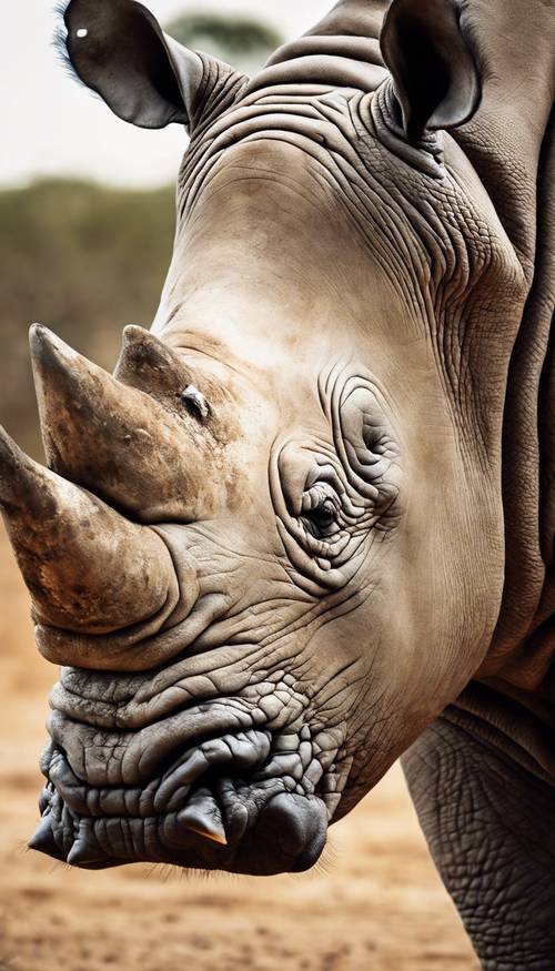 成熟犀牛的特寫視圖，展示其錯綜複雜的紋理皮膚。