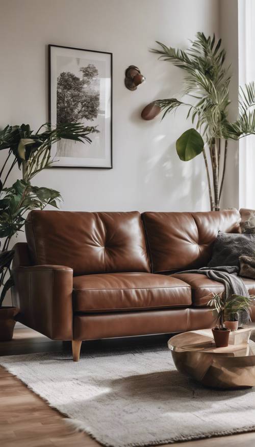 An elegant brown leather sofa sets in a minimalistic living room with white walls and house plants nearby.