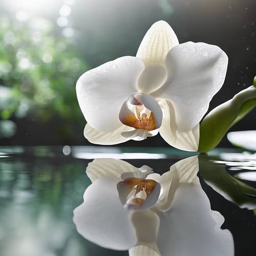 Une orchidée blanche immaculée se reflétant sur une piscine d’eau cristalline.