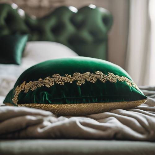 Un primer plano de una lujosa almohada de terciopelo verde con delicados bordados dorados.