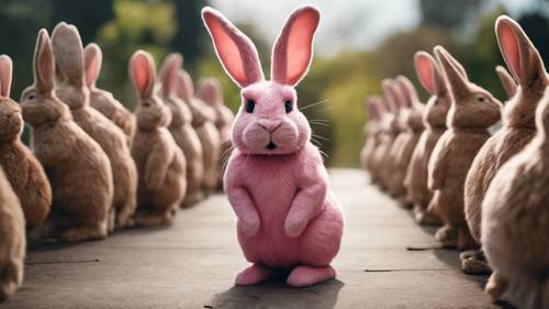 一隻年老、睿智的粉紅兔子，身體疲憊卻堅強，驕傲地站在其他兔子之中。