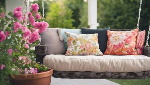 An inviting porch swing decorated with vibrant spring accent pillows, surrounded by hanging flower pots in bloom.