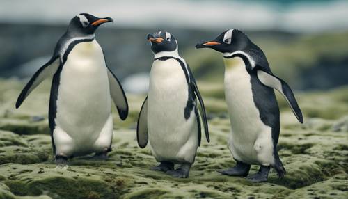 A scene of penguins waddling around on sage green moss-covered Antarctic terrain.