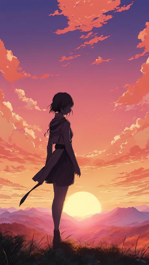 Siluet karakter anime wanita muda berdiri di atas bukit, dengan latar belakang matahari terbenam
