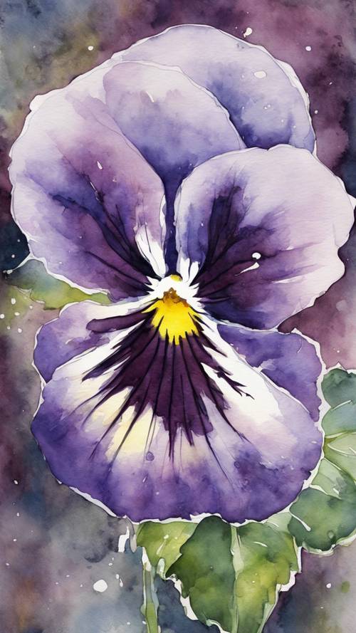 Abstract watercolor painting of a single wistful purple pansy.