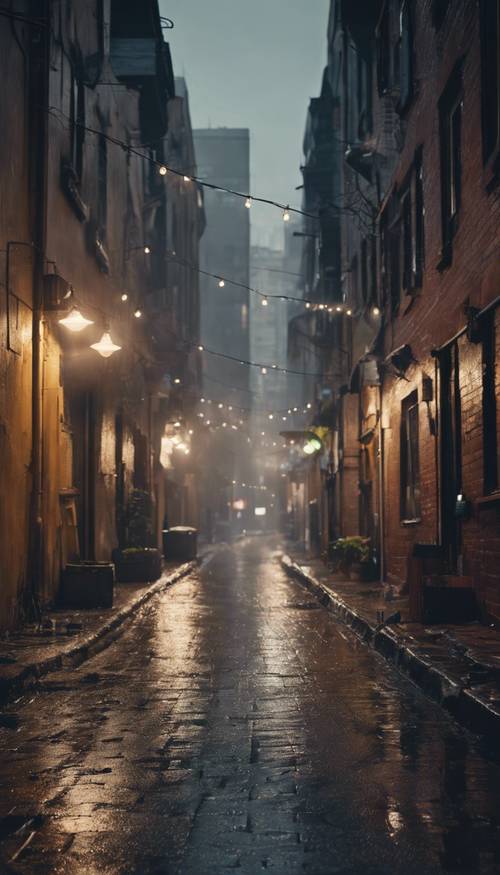 Một con hẻm yên tĩnh và tối tăm dưới ánh đèn thành phố mờ ảo, sau cơn mưa rào nhẹ.