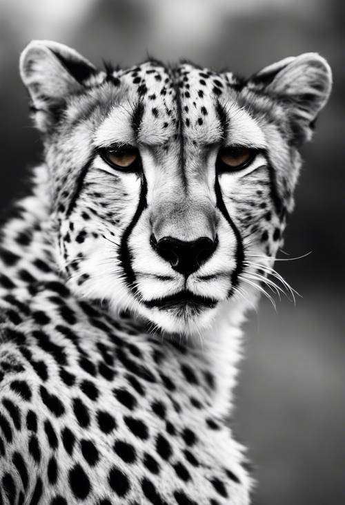 ภาพใบหน้าเสือชีตาห์ขาวดำที่เร้าใจและอารมณ์แปรปรวน โดยมีความเปรียบต่างสูงเพื่อเน้นลวดลายของขน