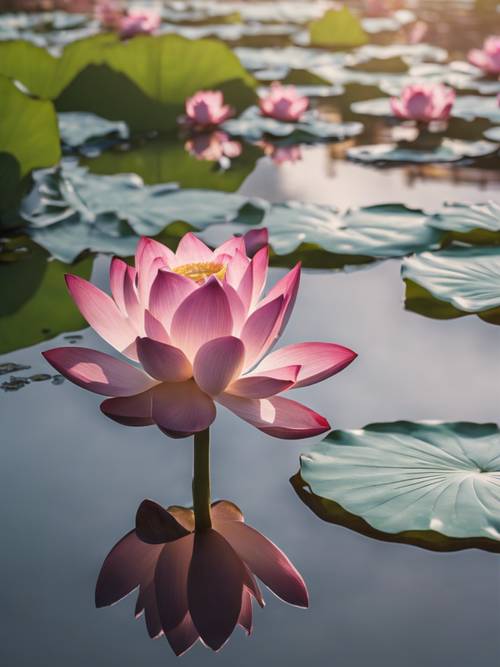 The reflection of a blooming lotus on a crystal clear, serene pond in a tranquil Zen garden.