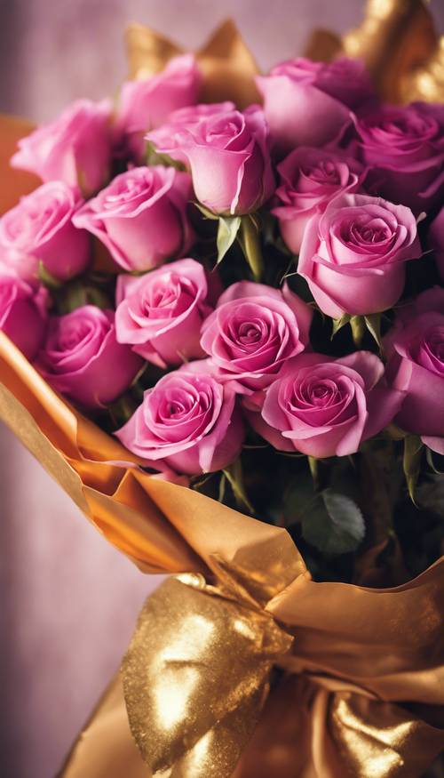 Buket mawar merah muda cerah dengan sedikit warna ungu di kelopaknya, dibungkus dengan kertas emas.