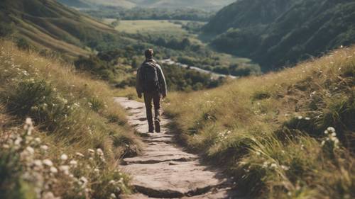 一歩ずつ登る男性の登山壁紙　- 千里の道も一歩から始まる