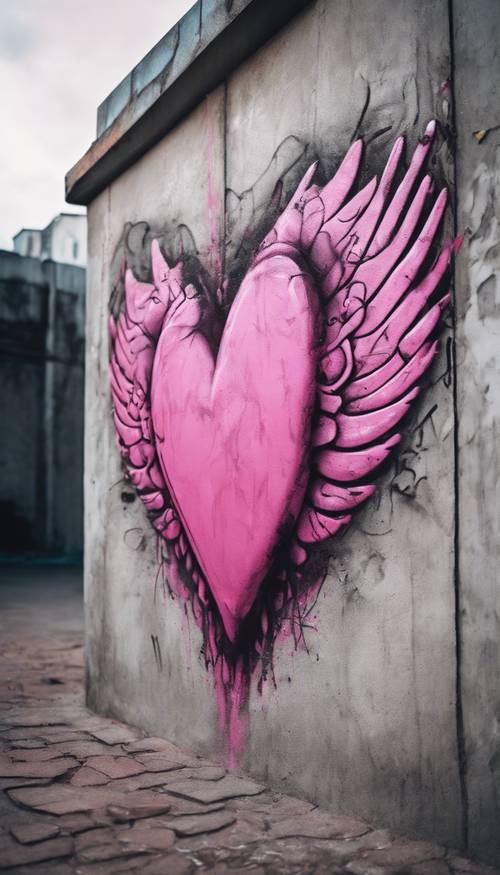 Un beau et élégant graffiti rose représentant un cœur et des ailes sur un mur de béton austère.